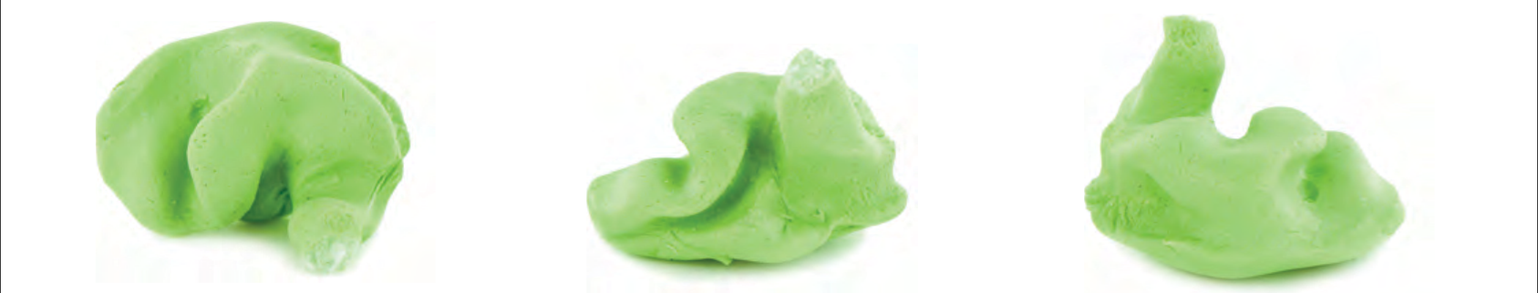 Three examples of acceptable ear impressions: full green silicone impressions showing complete helix, tragic notch, anti-tragus, and bowl with adequate extra material.