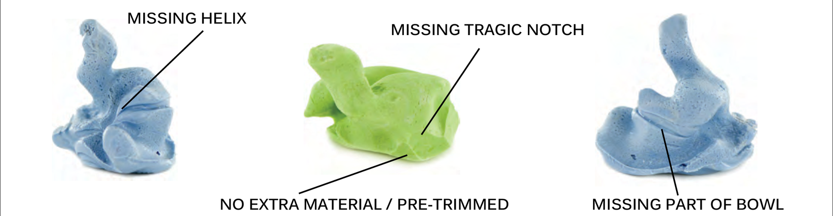 Four examples of rejectable ear impressions: Missing helix (blue impression with helix absent), Missing tragic notch (green impression with notch absent and labeled 'no extra material / pre-trimmed'), and Missing part of bowl (blue impression with incomplete bowl area).