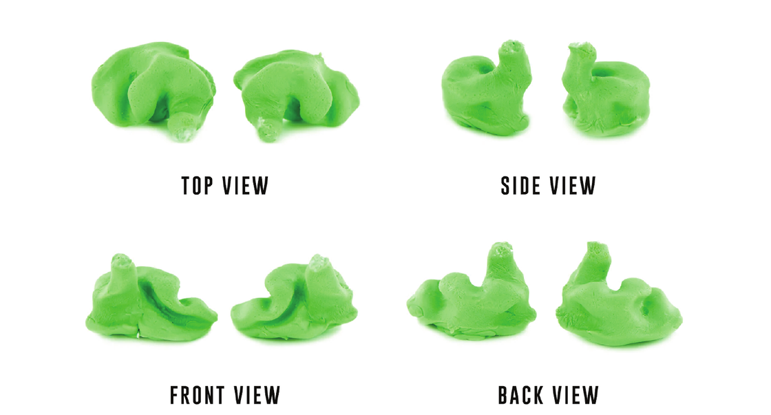 Four recommended photo angles for ear impression verification: Top view showing two impressions from above; Side view showing two impressions from the side; Front view showing two impressions from the front; Back view showing two impressions from the back.