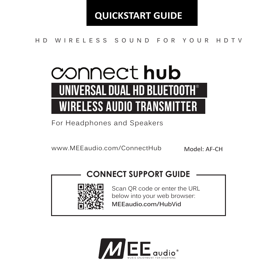 MEE audio Connect Hub product cover. Text reads: 'Connect Hub – Universal Dual HD Bluetooth Wireless Audio Transmitter – For Headphones and Speakers – Quickstart Guide – Model: AF-CH'. A QR code links to the video setup guide at MEEaudio.com/HubVid.