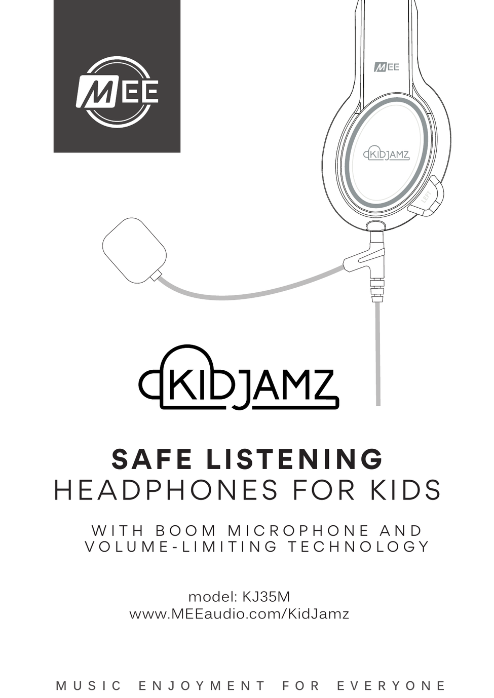 KidJamz by MEE audio – Safe Listening Headphones for Kids with Boom Microphone and Volume-Limiting Technology – Quickstart Guide cover. KidJamz logo with MEE audio branding. Model: KJ35M. www.MEEaudio.com/KidJamz. Music Enjoyment for Everyone.
