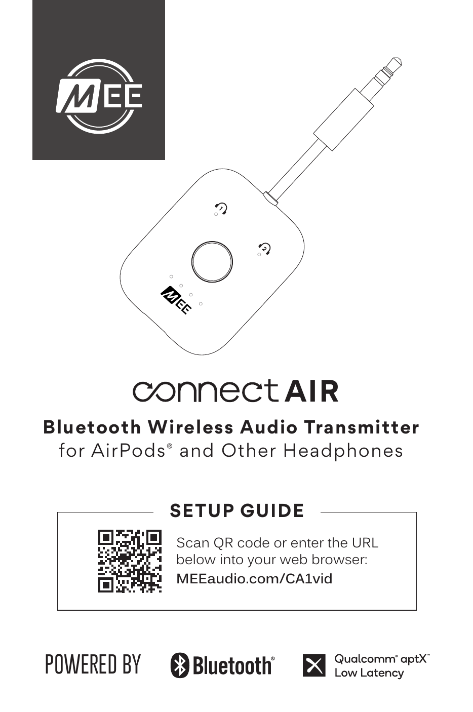 MEE audio Connect Air – Bluetooth Wireless Audio Transmitter for AirPods and Other Headphones. The diamond-shaped device is shown with its 3.5 mm audio connector extended at the top. Powered by Bluetooth and Qualcomm aptX Low Latency. Setup Guide: MEEaudio.com/CA1vid.