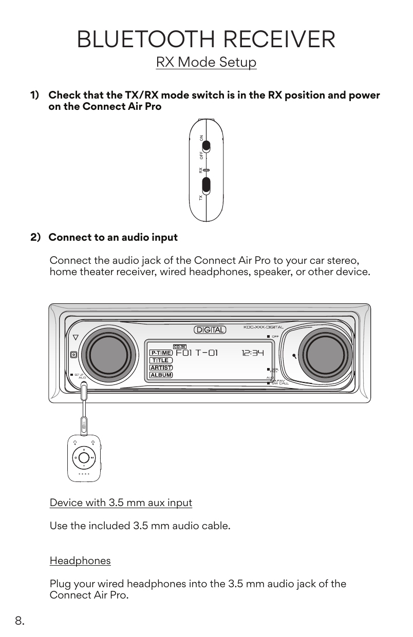 RX Mode Setup steps 1 and 2. Step 1 shows the side switch in the RX position. Step 2 shows the Connect Air Pro plugged into a car stereo via a 3.5 mm audio cable. Options listed: Device with 3.5 mm aux input — use the included 3.5 mm audio cable. Headphones — plug wired headphones directly into the Connect Air Pro's 3.5 mm audio jack.