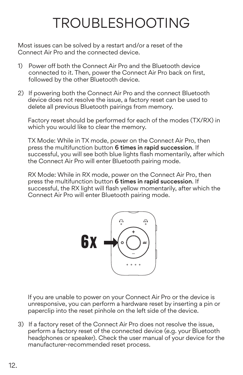 Troubleshooting page showing the Connect Air Pro with a 6x indicator pointing to the multifunction O button, illustrating the factory reset process.