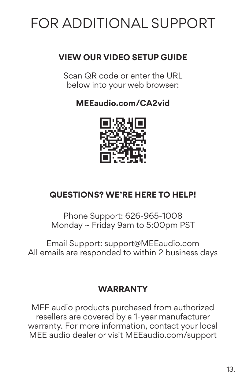 Support page with QR code linking to MEEaudio.com/CA2vid for the video setup guide. Contact and warranty information listed below.