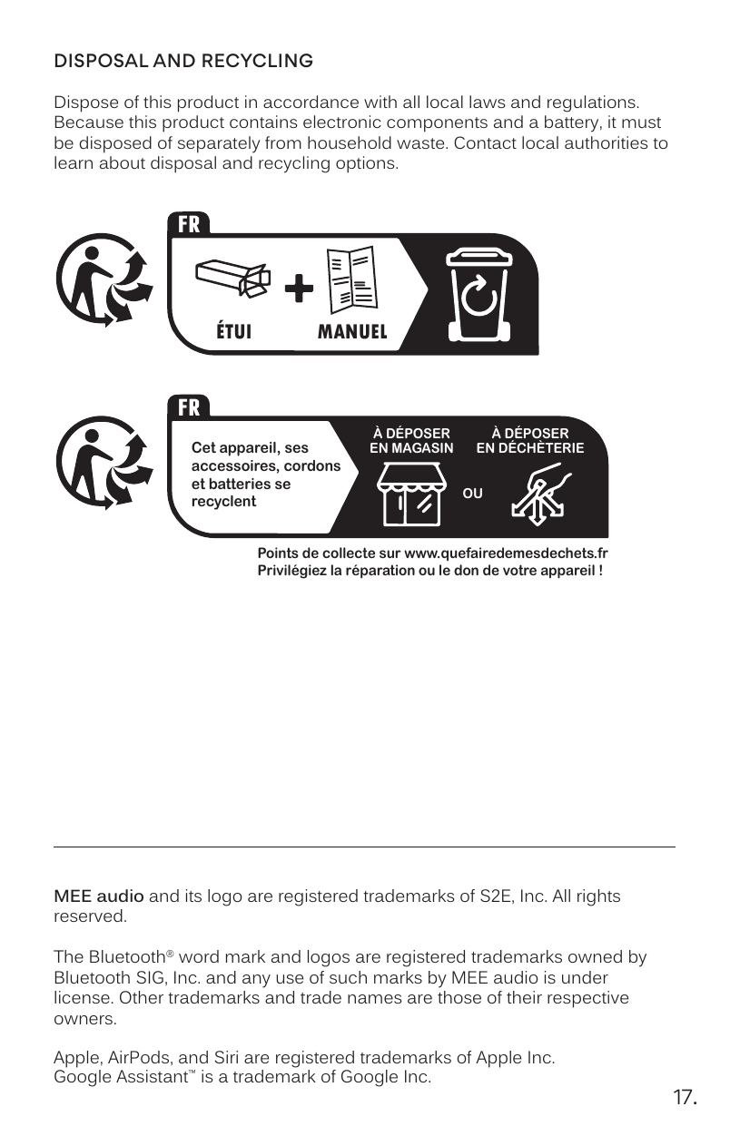 Disposal and recycling page. Recycling symbols and French-language recycling instructions indicate the device, accessories, cables, and batteries can be recycled. French text directs consumers to drop-off points at stores or recycling centres, and to the website quefairedemesdechets.fr.