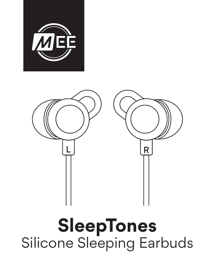 MEE audio SleepTones Silicone Sleeping Earbuds. Illustration shows the left (L) and right (R) earbuds with flat, low-profile silicone housings designed for side sleeping.