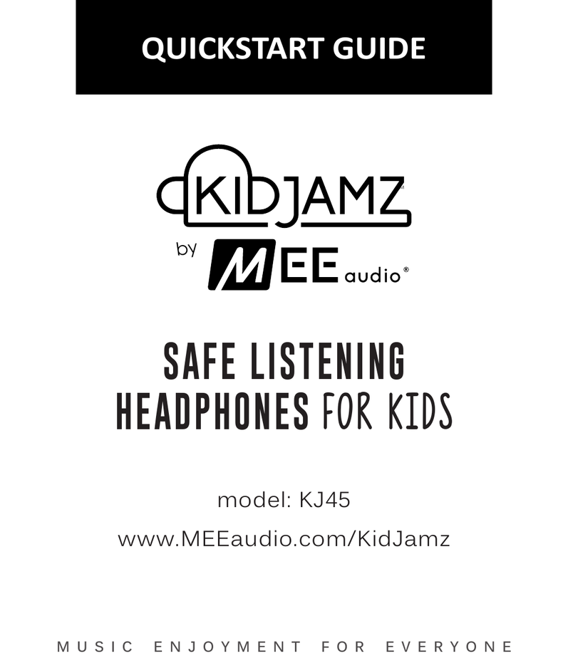 KidJamz by MEE audio – KJ45 Safe Listening Headphones for Kids – Quickstart Guide cover. KidJamz logo with MEE audio branding. Model: KJ45. www.MEEaudio.com/KidJamz.