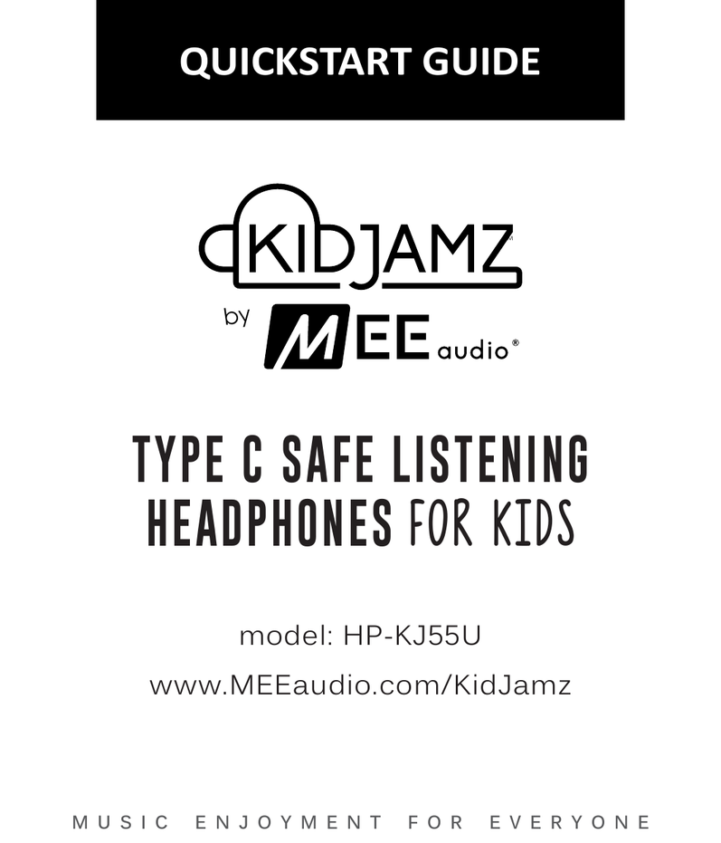 KidJamz by MEE audio – HP-KJ55U Type C Safe Listening Headphones for Kids – Quickstart Guide cover. KidJamz logo with MEE audio branding. Model: HP-KJ55U. www.MEEaudio.com/KidJamz.