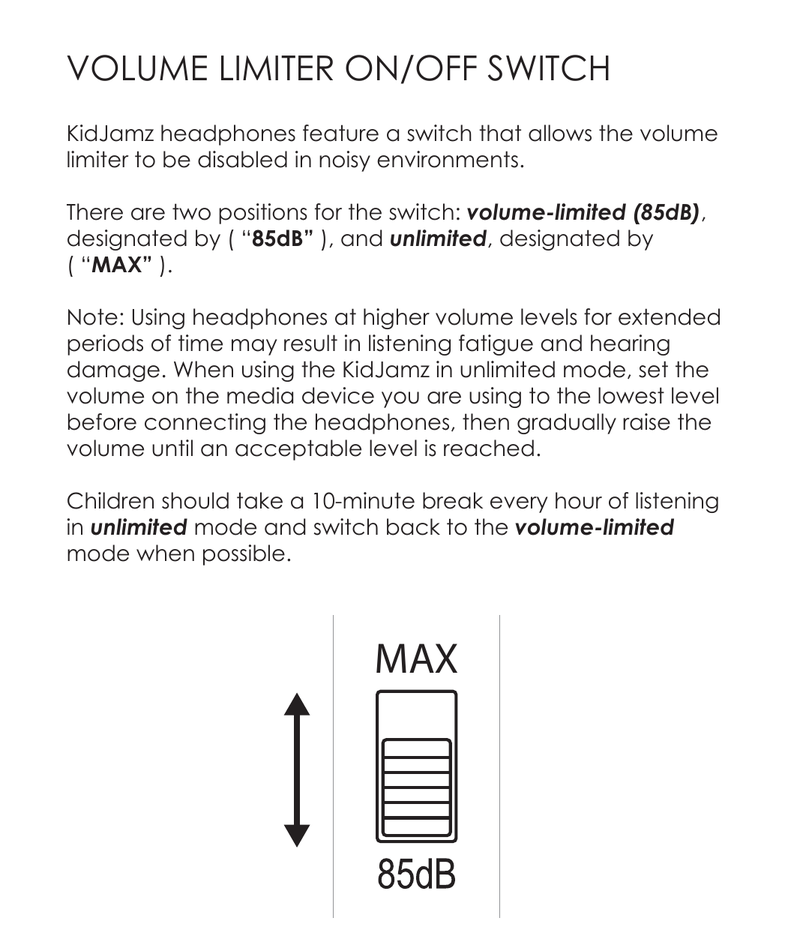 Diagram of the volume limiter switch with two positions: MAX (unlimited) at the top and 85dB (volume-limited) at the bottom, with an arrow indicating the switch moves between them.