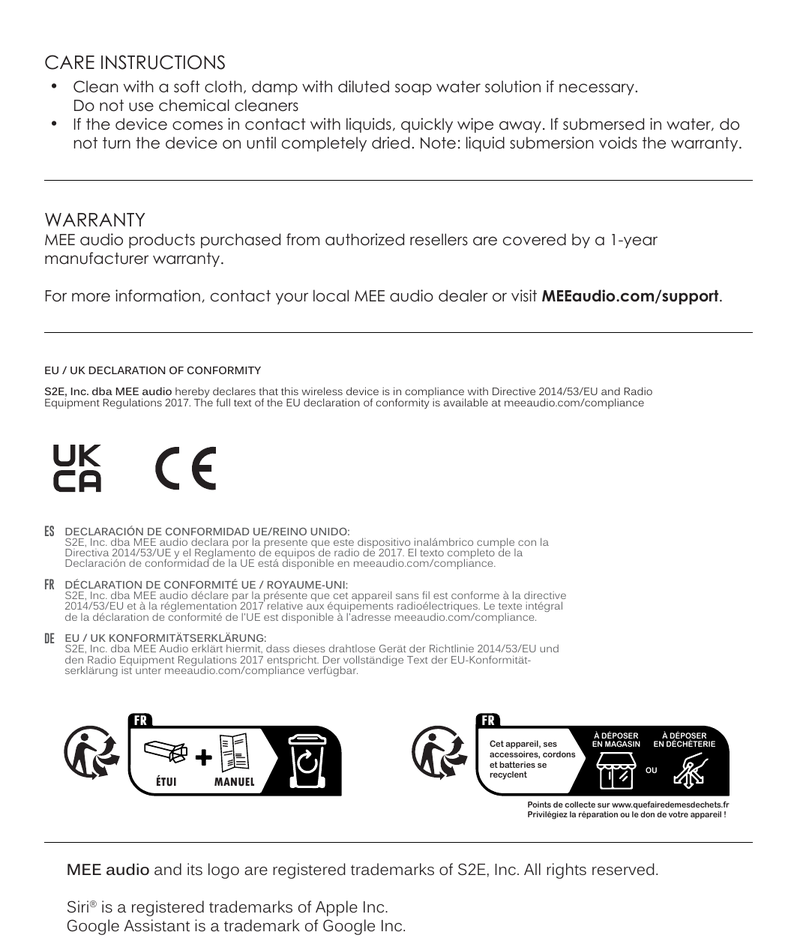 Warranty and compliance page showing UKCA and CE certification marks, EU/UK Declaration of Conformity text in English, Spanish, French, and German, and French recycling instructions indicating the device, accessories, and cables can be recycled.