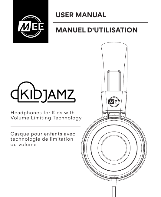 MEE audio KidJamz KJ55AUX — User Manual cover. KidJamz Headphones for Kids with Volume Limiting Technology. Casque pour enfants avec technologie de limitation du volume. Illustrated line drawing of the over-ear headphones.