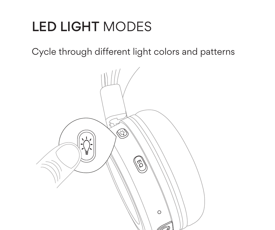 Close-up diagram of a finger pressing the LED light mode button on the front of the KidJamz right earcup. The EQ mode button is visible below it.