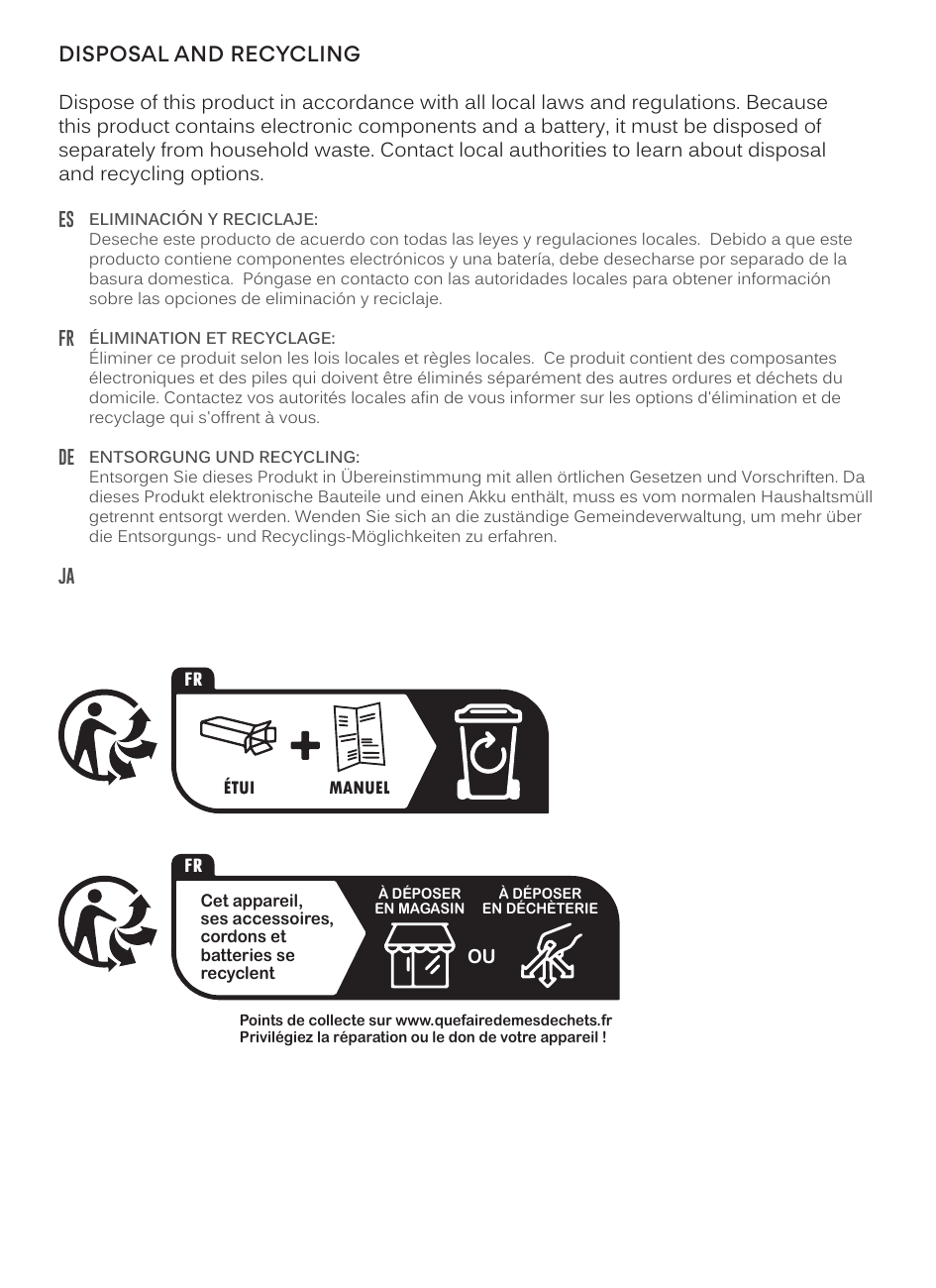 Disposal and recycling page. French recycling symbols and instructions indicate the device, accessories, cables and batteries can be recycled. Drop-off points at stores or recycling centres are indicated, with reference to quefairedemesdechets.fr.