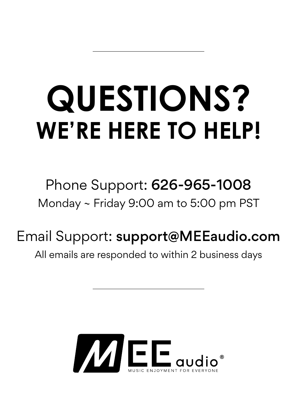 Support page with MEE audio logo. Contact information listed for phone and email support.