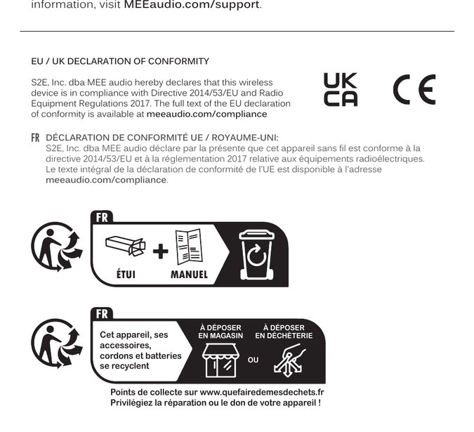French recycling compliance diagrams: FR label indicating the device, case, and manual should be deposited at a store or recycling centre. The device, its accessories, cables, and batteries are recyclable. Disposal points available at www.quefairedemesdechets.fr — please prefer repair or donation of your device.