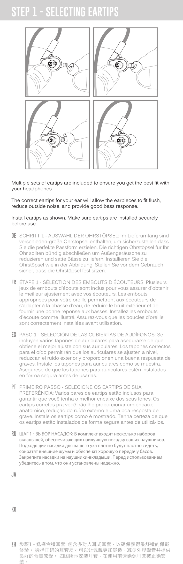 Four-panel diagram showing how to install eartips onto the MX PRO earpieces, followed by multilingual instructions in German, French, Spanish, Portuguese, Russian, and Chinese.