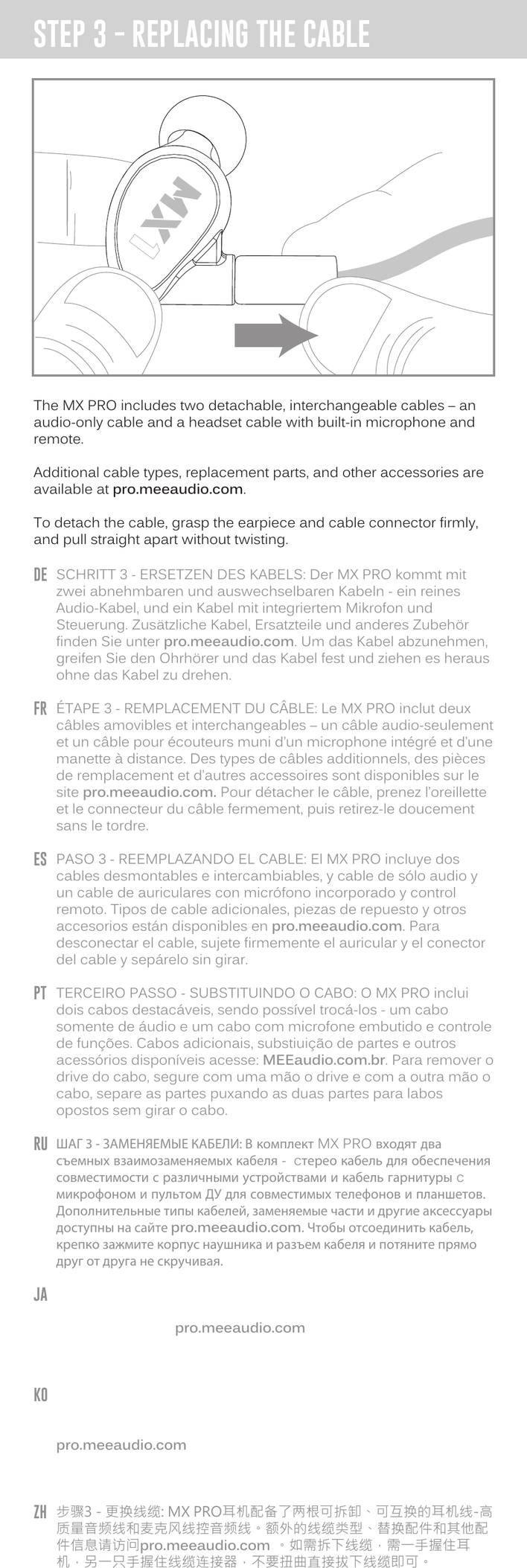 Diagram showing how to detach the cable from the MX PRO earpiece by grasping both the earpiece and connector firmly and pulling straight apart without twisting, with multilingual instructions below.