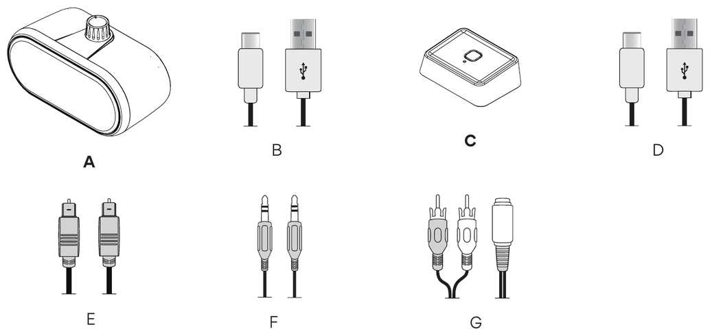 Package contents laid out with letter labels: A, the NearSound speaker; B, the USB charging cable; C, the NearSound transmitter; D, the USB power cable; E, the optical cable; F, the 3.5 mm audio cable; and G, the 3.5 mm to RCA adapter.