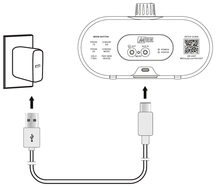 The NearSound speaker's rear USB-C port connected by the USB charging cable to a USB wall charger.