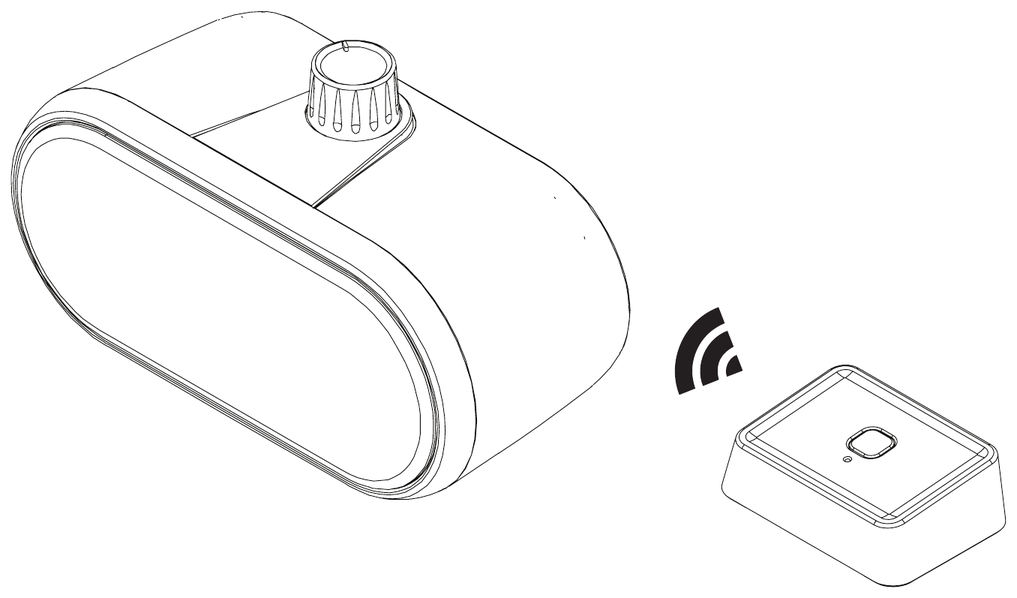 The NearSound speaker and the transmitter, with a wireless signal symbol showing the two connecting.