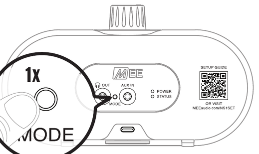 A finger pressing the MODE button on the back of the speaker once, marked 1x.