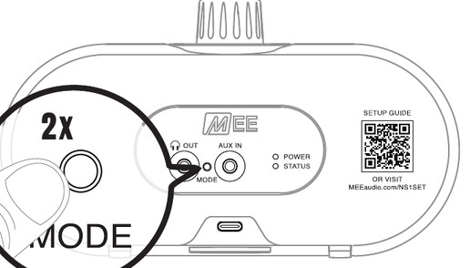 A finger pressing the MODE button on the back of the speaker twice, marked 2x.