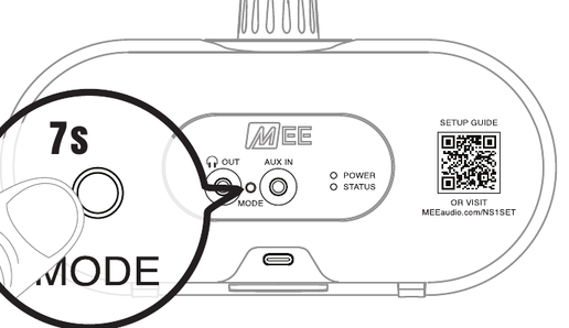 A finger pressing and holding the MODE button on the back of the speaker, marked 7s.