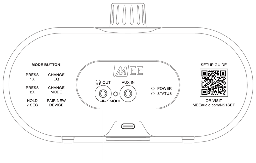 Rear view of the NearSound speaker with an arrow pointing to the headphone OUT port.