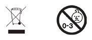 Two symbols: a crossed-out wheeled bin, meaning do not dispose of with household waste, and a not-suitable-for-children-aged-0-to-3 symbol.
