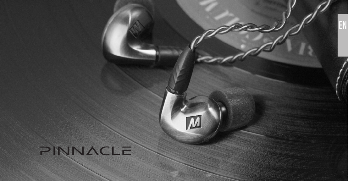 Black and white product photo of the MEE audio Pinnacle P1 earphones resting on a vinyl record, showing the silver braided cable and the earpiece with the MEE logo engraved on it.