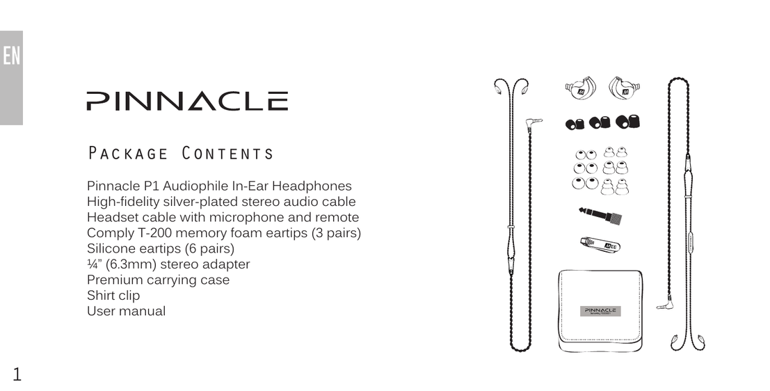 Package contents diagram showing all included items laid out: two cables, earpieces, three sizes of Comply memory foam eartips, six pairs of silicone eartips, quarter-inch adapter, shirt clip, premium carrying case, and user manual.