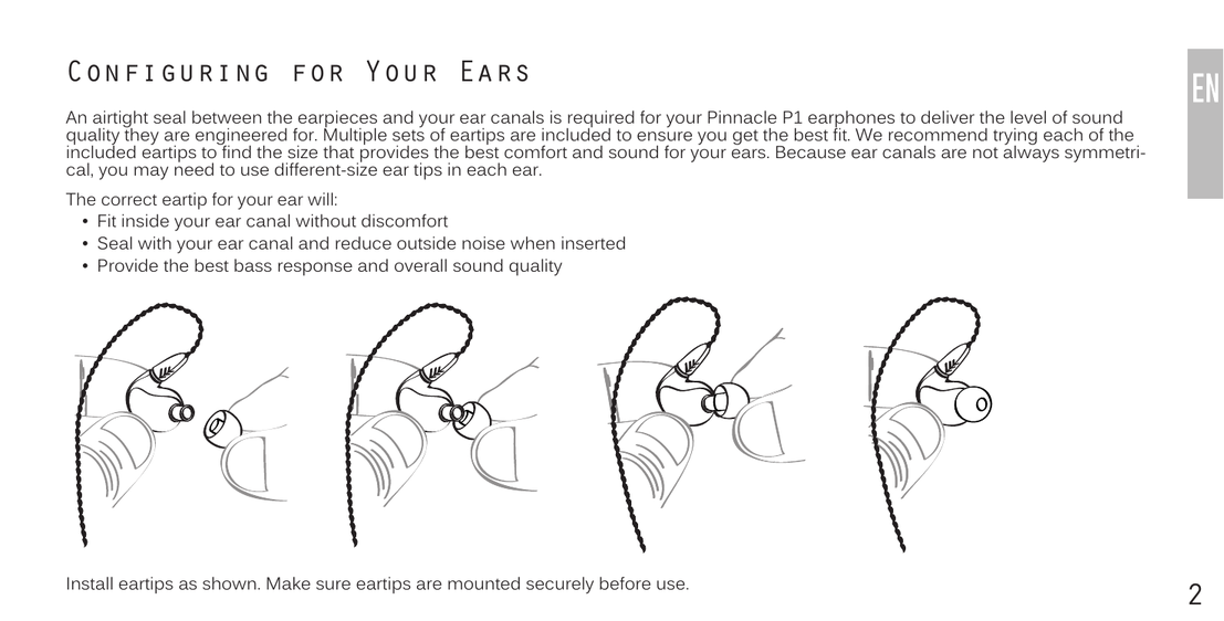 Four-panel diagram showing different eartip sizes being installed on the Pinnacle P1 earpiece nozzle, from smallest to largest.