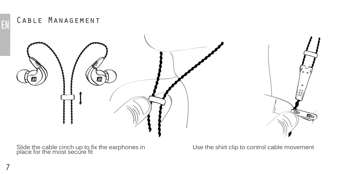Diagram showing how to slide the cable cinch upward to fix earphones in place, and how to use the included shirt clip to control cable movement.