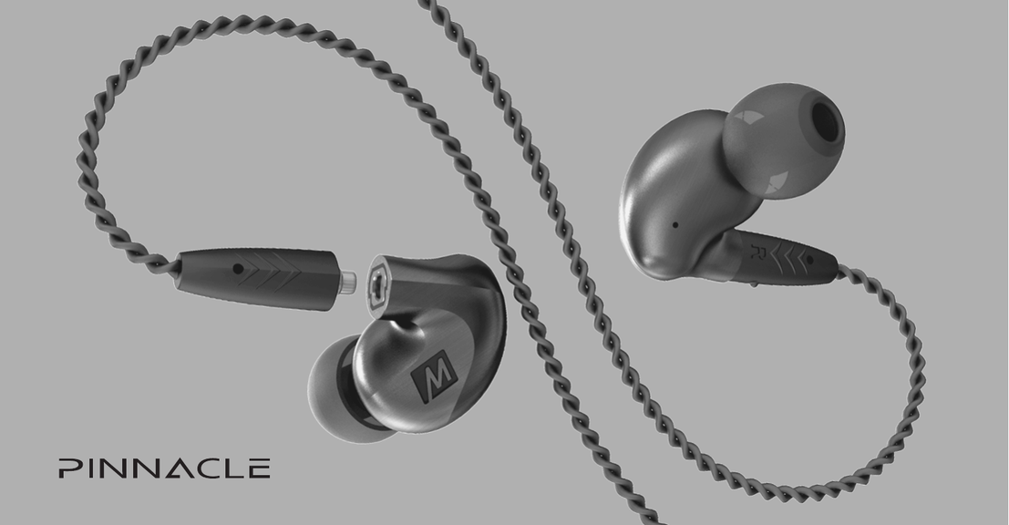 Black and white product photo of the Pinnacle P1 earphones on a grey background, showing both the left and right earpieces with the braided silver cable and detachable connector.